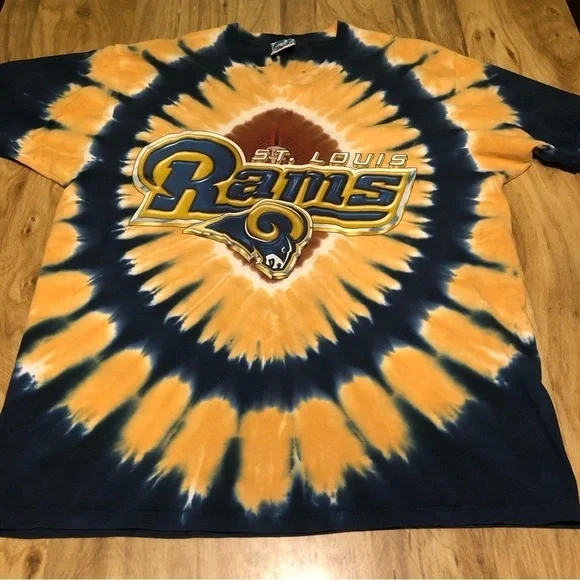 Vintage 90s Liquid Blue St Louis Rams Tie Dye Blue Gold Circles T-Shirt Large - Picture 1 of 10
